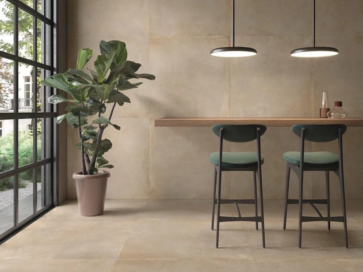 Carrelage sable effet béton sols et murs coin repas