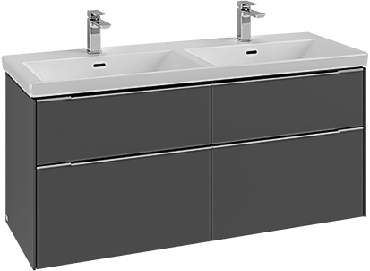 Élément inférieur SUB 127,2 x 57,6 x 47,8 cm pour lavabo double 130 cm, 2 éléments à chacune 2 tiroirs, avec éclairage LED A CONFIRMER, poignée aluminium A CONFIRMER, couleur Blanc pur A CONFIRMER