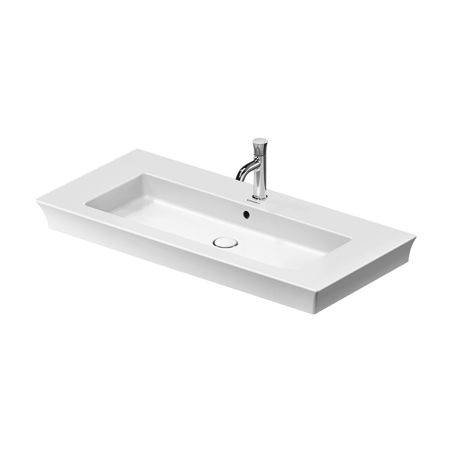 Lavabo WHITE TULIP 105 x 49 cm, céramique tablette de robinetterie pour meuble suspendu avec trop-plein, vidage push- to-open avec enjoliveur en céramique incluse partie inférieure émaillée, 1 trou robin., standard, blanc