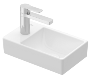 Lave-mains 36 x 22 cm AGORA, céramique pour meuble suspendu, sans trop-plein, 1 trou de robin. à gauche, standard, blanc
