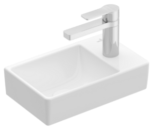 Lave-mains 36 x 22 cm AGORA, céramique pour meuble suspendu, sans trop-plein, 1 trou de robin. à droite, standard, blanc