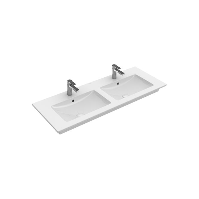 Lavabo double VENTI 130 x 50 cm, céramique avec trop-plein, pour meuble suspendu, 2 trous robin., standard, blanc 