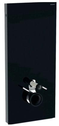 Module sanitaire MONOLITH H114 50,5 x 113,5-115,5 x 10,6 cm pour cuvette murale chasse d'eau, commande à deux quantités, entrée d'eau derrière au milieu 2 robinets de réglage 1/2" tuyau de chasse manchette d'écoulement set d'isolation phonique revêtement frontal et latéral, Revêtement en chrome noir, 791 verre noir