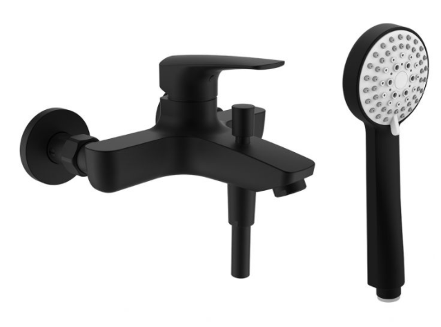 Mélangeur de bain LAURUS E 153 mm, raccords d'arrêt flexible de douche 160 cm douche à main 1 jet, groupe acoustique I, noir mat