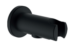 Coude mural de douchette (LAURUS) avec support fixe, saillie 77 mm, avec clapet anti-retour, rosace ronde, noir mat