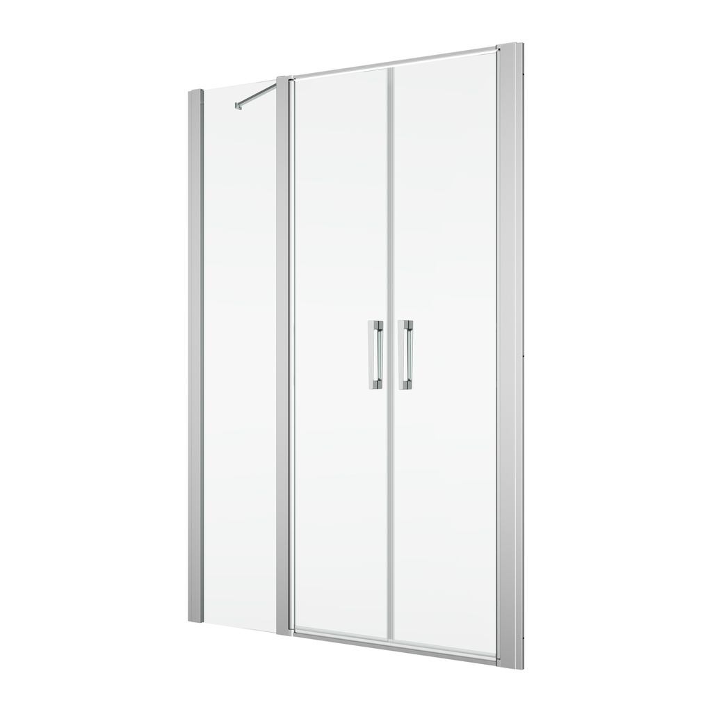 Porte battante (Saloon) DIV 140 cm, H 200 cm, largeur d'entrée 80,4 cm, 2 panneaux avec partie fixe, pour niche où cloison latérale, ouverture intérieure et extérieure protection Aquaperle, verre vérit. clair cleaneffect, argent poli-brillant