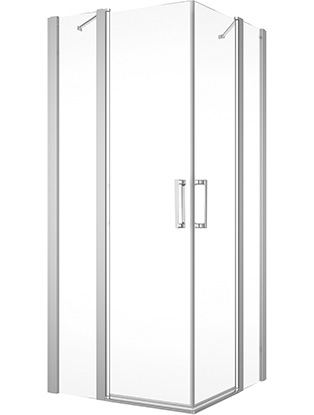 Entrée diagonale DIV 108-111 x 108-111 cm, H 200 cm 2 portes battantes, 2 éléments fixes, ouverture intérieure et extérieure, protection Aquaperle, verre vérit. clair cleaneffect, argent poli-brillant