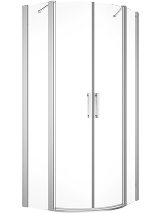 Entrée diagonale DIV 78-81 x 98-101 cm où 98-101 x 78-81 cm H 200 cm, 2 portes battantes 2 éléments fixes ouverture intérieure et extérieure, pour douche quart de cercle R 55 cm protection Aquaperle, verre vérit. clair cleaneffect, argent poli-brillant