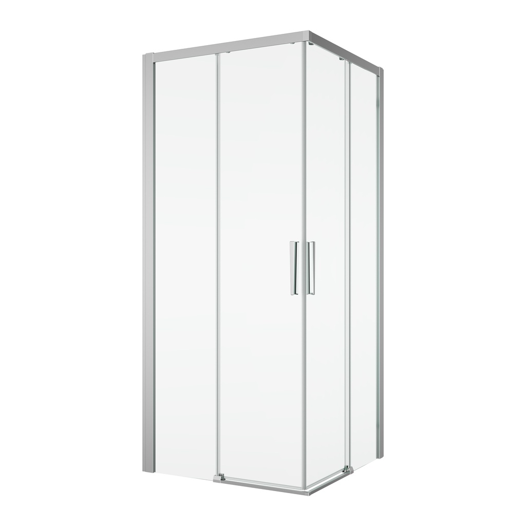 Entrée diagonale DIV 80 x 80 cm, H 200 cm 2 portes coulissantes 2 éléments fixes, protection Aquaperle, verre vérit. clair cleaneffect, argent poli-brillant