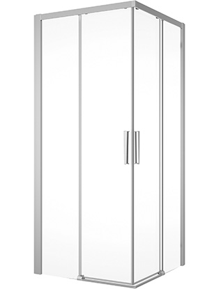 Entrée diagonale DIV 60-90 x 60-90 cm, -H 200 cm 2 portes coulissantes 2 éléments fixes, protection Aquaperle, verre vérit. clair cleaneffect, argent poli-brillant