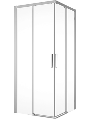 Entrée diagonale DIV 90,1-120 x 90,1-120 cm -H 200 cm, 2 portes coulissantes, 2 éléments fixes protection Aquaperle, verre vérit. clair cleaneffect, argent poli-brillant
