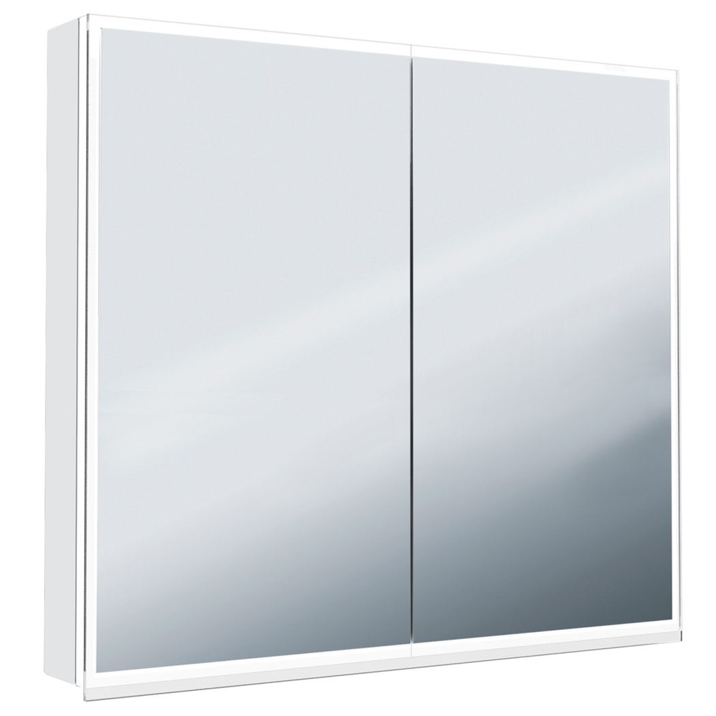 Armoire de toilette ILLUMINATO 2.0 78 x 73 x 13,2 cm profil en aluminium, 2 prises double à l'intérieur en bas 2 portes à double miroir éclairage du cadre par LED 27,57W, commande de l'éclairage clavier/ application, boîte cosmétique miroir grossissant inclus IP24, couleur lumière changeable, blanc