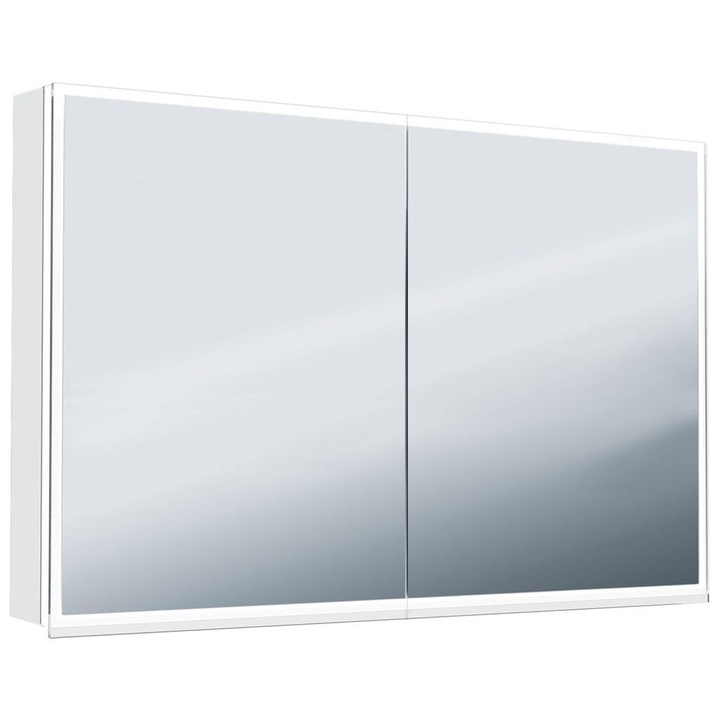 Armoire de toilette ILLUMINATO 2.0 118 x 73 x 13,2 cm profil en aluminium, 2 prises double à l'intérieur en bas 2 portes à double miroir éclairage du cadre par LED 35,18W, commande de l'éclairage clavier/ application, boîte cosmétique miroir grossissant inclus IP24, couleur lumière changeable, blanc
