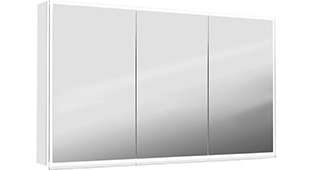 Armoire de toilette ILLUMINATO 2.0 148 x 73 x 13,2 cm profil en aluminium, 2 prises double à l'intérieur en bas 3 portes à double miroir 49/50/49, éclairage du cadre par LED 40,88W, commande de l'éclairage clavier/ application, boîte cosmétique miroir grossissant inclus IP24, couleur lumière changeable, blanc