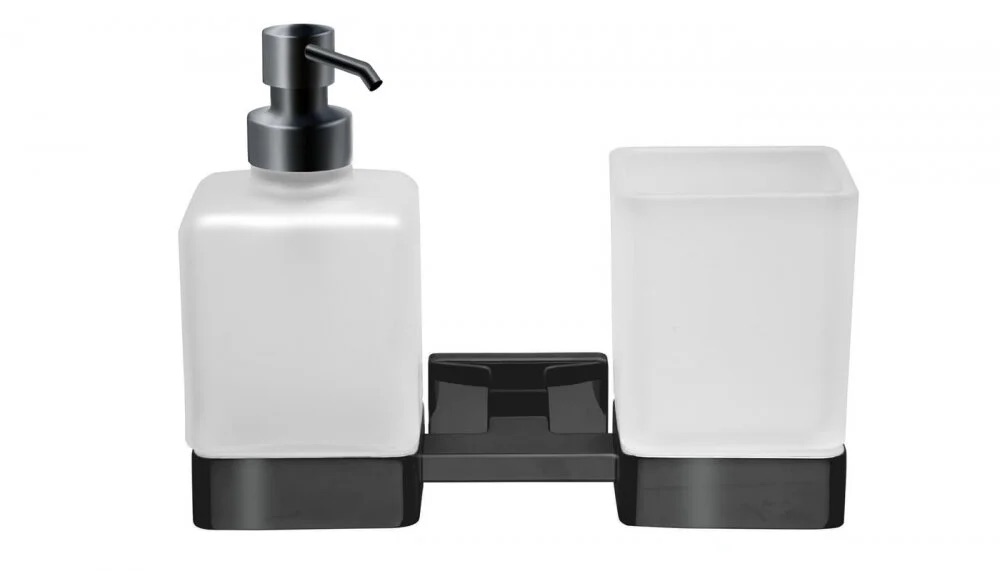 Support double LEO avec verre et distributeur de savon en verre satiné, noir mat