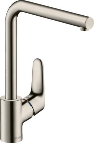 Mélangeur d'évier FOCUS 280 S 222 mm goulot orientable 110/150/360°, débit 12 l/min cartouche en céramique poignée position à gauche ou à droite, groupe acoustique , Effet acier inox