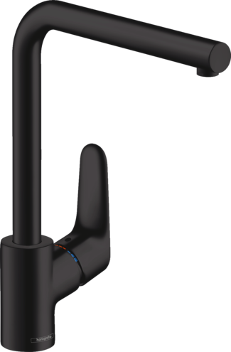 Mélangeur d'évier FOCUS 280 S 222 mm goulot orientable 110/150/360°, débit 12 l/min cartouche en céramique poignée position à gauche ou à droite, groupe acoustique I , Noir mat