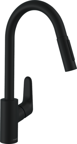 Mélangeur d'évier FOCUS 240 S 220 mm goulot orientable 150°, douche extensible réglable, débit 9,5 l/min cartouche en céramique groupe acoustique I , Noir mat