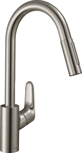 Mélangeur d'évier FOCUS 240 S 220 mm goulot orientable 150°, douche extensible réglable, débit 9,5 l/min cartouche en céramique groupe acoustique I  , Effet acier inox