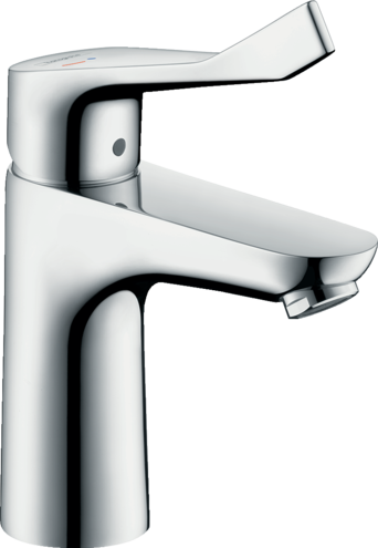 Mélangeur de lavabo FOCUS CARE 100, S 119 mm, goulot fixe longueur du levier 121 mm eau froide en position centrale, sans vidage, débit 5 l/min, groupe acoustique I , Chromé
