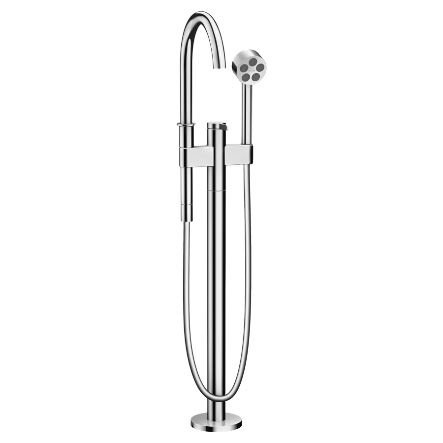 Mélangeur de bain One S 220 mm, goulot fixe H jusqu'à aérateur 866-946 mm avec colonne pour montage à pose libre, douche à main tuyau de douche, support de douche, Chromé