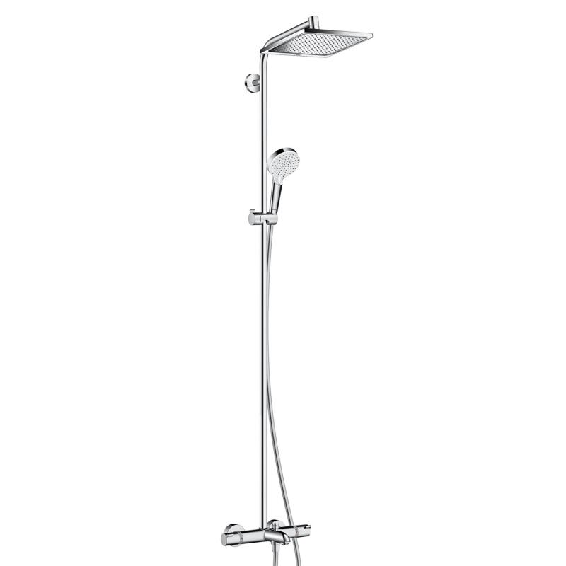 Colonne de douche CALMA E 240, mélangeur de baignoire thermostat 1/2", robinet d'arrêt, inverseur, douche de tête, Crometta E 240 1jet 240 x 240 mm, Quick Clean bras de douche orientable douche à main Crometta Vario tuyau de douche Isiflex 160 cm, classe énergie F,  groupe acoustique I, chromé