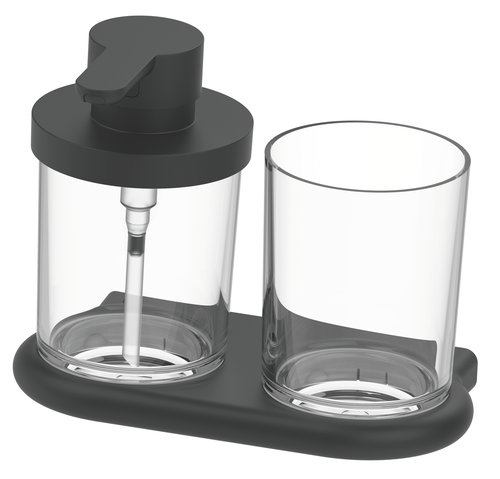 Distributeur de savon NIA et porte-verre, récipient 0,18 litre et verre en verre clair, Noir mat