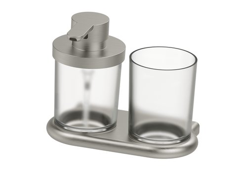 Distributeur de savon NIA et porte-verre, récipient 0,18 litre et verre en verre mat, Nickel brushed