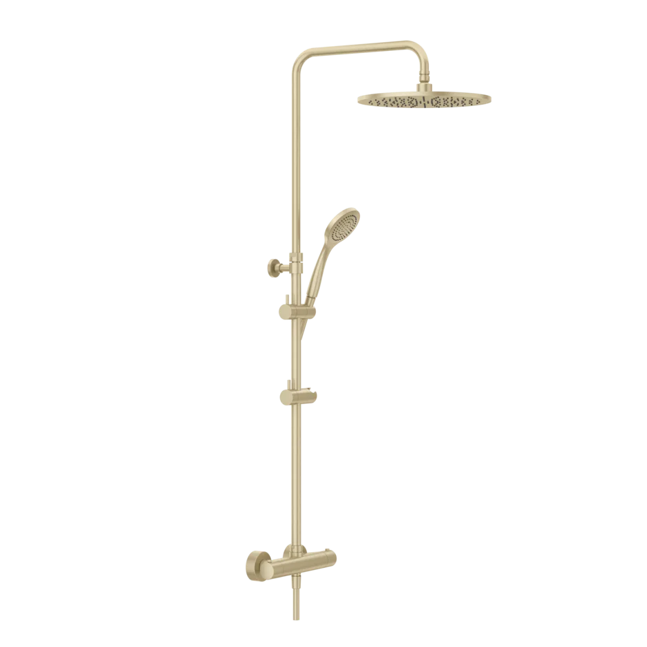 [1621C2328] Colonne de douche EMPORIO SHOWER thermostatique, EC 150, raccords excentrique 1/2x1/2", douche de pluie diam. 300 mm, inverseur automatique, support orientable sur barre de douche, flexible 150 cm, douchette à main diam. 10 mm anticalcaire, 727 Brushed brass