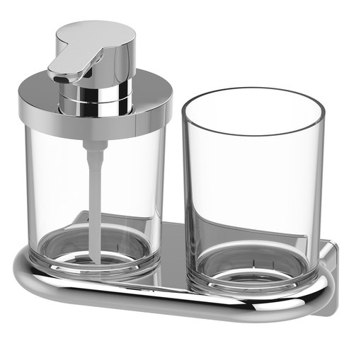 Combinaison Nia Adesio distributeur de savon et porte-verre, récipient 0,18 litre et verre en verre clair montage collage ou perçage avec matériel de fixation sans colle SikaFast, Nickel brushed