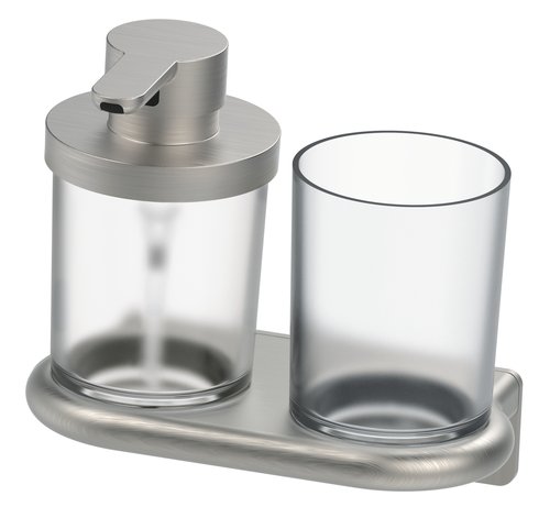 Combinaison Nia Adesio distributeur de savon et porte-verre, récipient et verre en verre mat montage collage ou perçage avec matériel de fixation sans colle SikaFast, nickel brushed