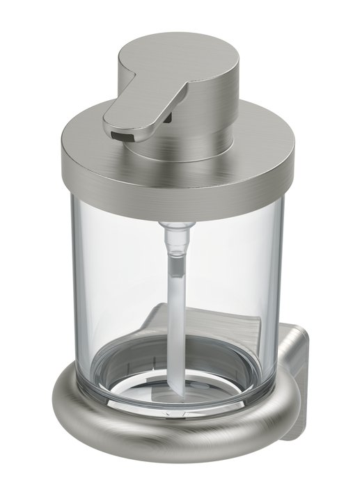 Distributeur de savon NIA ADESIO, récipient 0,18 litre en verre clair montage collage ou perçage avec matériel de fixation sans colle SikaFast, Nickel brushed