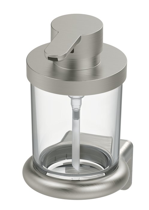 Distributeur de savon NIA ADESIO, récipient 0,18 litre verre Tritan incassable sans BPA, montage collage ou perçage, avec matériel de fixation, sans colle SikaFast, Nickel brushed