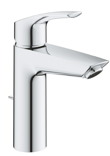 Mélangeur de lavabo SMART, S 121 mm, Taille M, ouverture eau froide au centre et mousseur 5.7 l/min, goulot fixe vidage excentrique, classe énergétique A, chromé