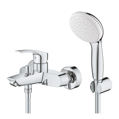 Mélangeur de bain complet SMART, E 150 mm, avec raccords excentriques en S - 1/2" x 3/4", flexible 150 cm, support mural pour douchette et douchette à main 1 jet, 9.5 l/min, Classe énergétique D, groupe acoustique 2, chromé