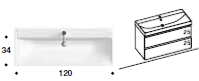 Ensemble JUST - lavabo 120x46x7.5 cm céramique blanc brillant - bonde comprise avec finition vasque, trop-plein rond en finition chromé - élément inférieur sous-lavabo, L120xH56xP46 cm, Caisson int. 10F-Nob.Grigio fumé, 2 Tiroirs 25/25 cm - corps/faces laqué, Finitions Laqué couleur mate à choix, SYSTEM M3, poignée Gola (gorge supérieure et centrale et côtés biseautés 45°)