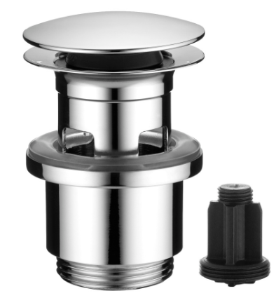 Bonde soupape d'écoulement 1 1/4" Push open fonction 2 en 1, appuyez pour ouvrir et fermer verrouillable en position ouverte, adapté aux lavabos avec ou sans trop-plein, chromé