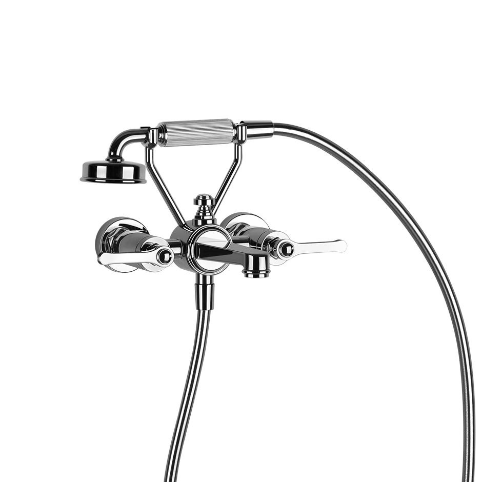 Partie apparente mélangeur bain-douche VENTI20 avec inverseur, flexibles 1.50m et douchette anticalcaire, avec support fixe, 031 chromé