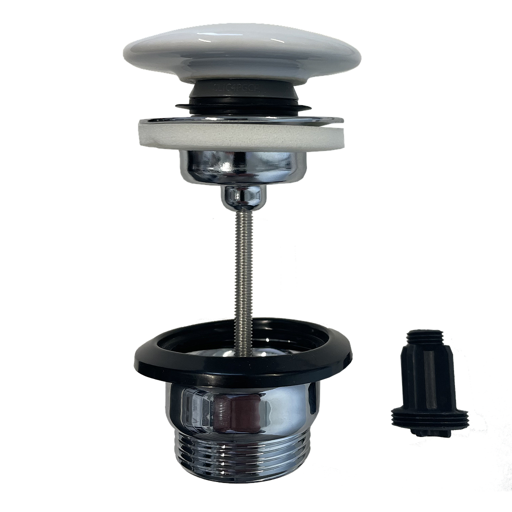 [1621C1781] Bonde soupape d'écoulement 1 1/4" Push open, fonction 2 en 1, ajustable de min. 0 à max. 70 mm, appuyez pour ouvrir et fermer - verrouillable en position ouverte, adapté aux lavabos avec ou sans trop-plein, chromé, bonde céramique blanc brillant