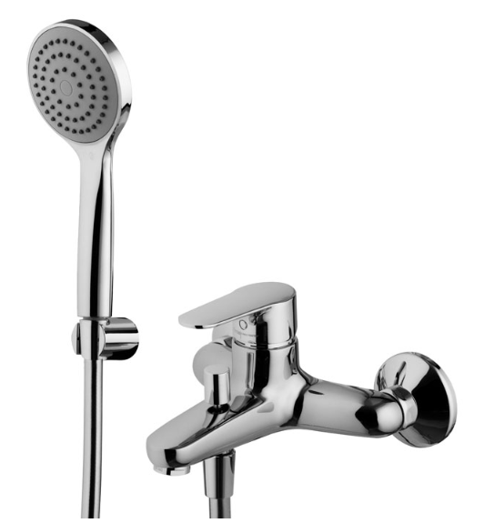 Mélangeur de bain mural complet SOFT, E 153 mm, sans raccords 1/2" x 3/4", flexible 150 cm et douchette à main, support mural, classe bruit I, chromé