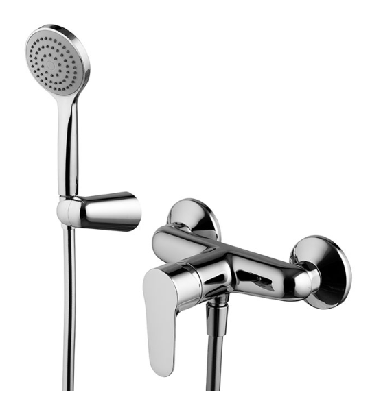 Mélangeur de douche mural complet SOFT, E 153 mm, sans raccords 1/2" x 1/2", flexible 150 cm et douchette à main, support mural, classe bruit I, chromé