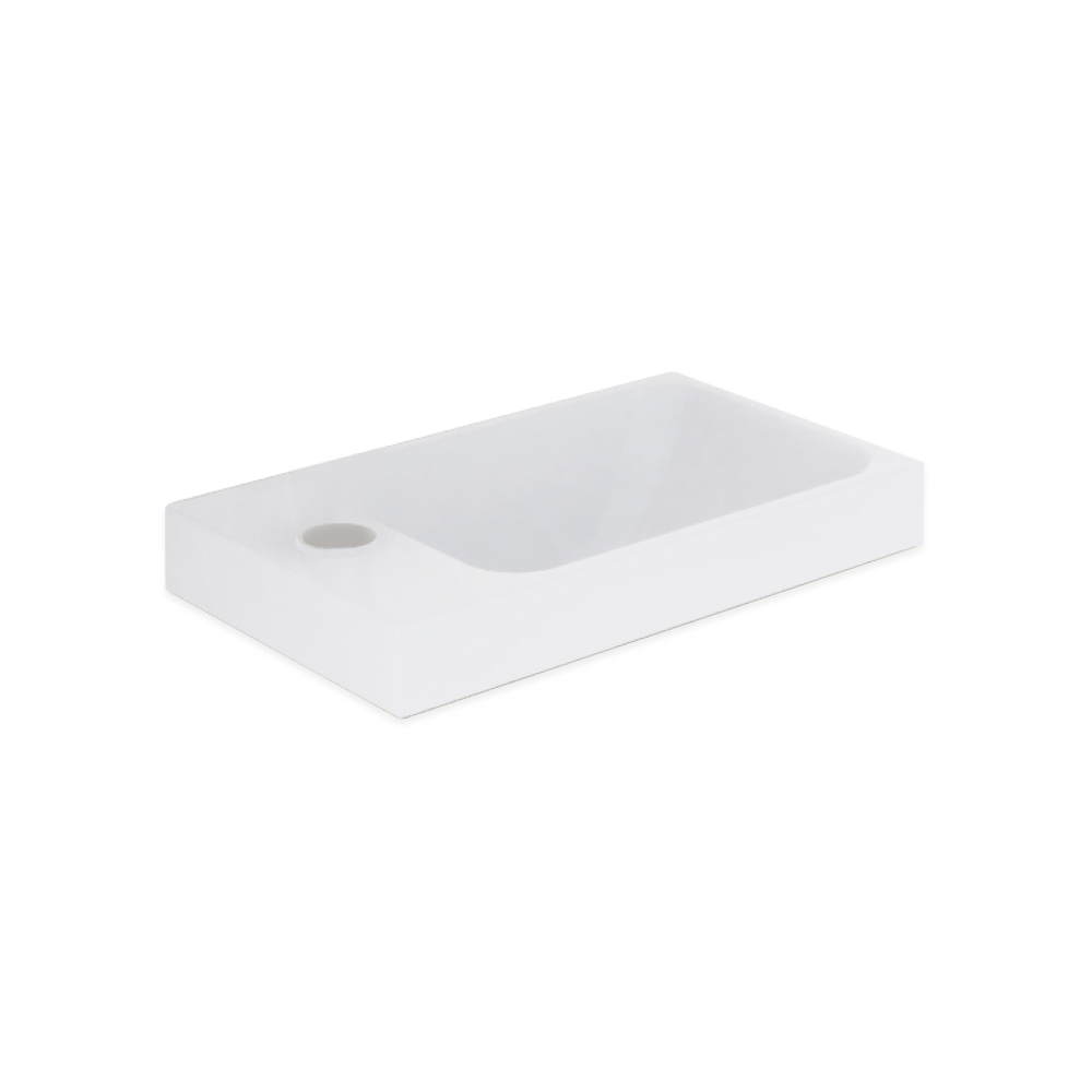 [1616M3623] Lave-mains THEO - L 45.5 x H 6.0 X P 25.5 cm, 1 trou de robin. réversible, sans trop-plein, sans bonde, en minéral marbre GEACRIL, pour sous-meuble Nr. BN1B5045B, finition blanc brillant