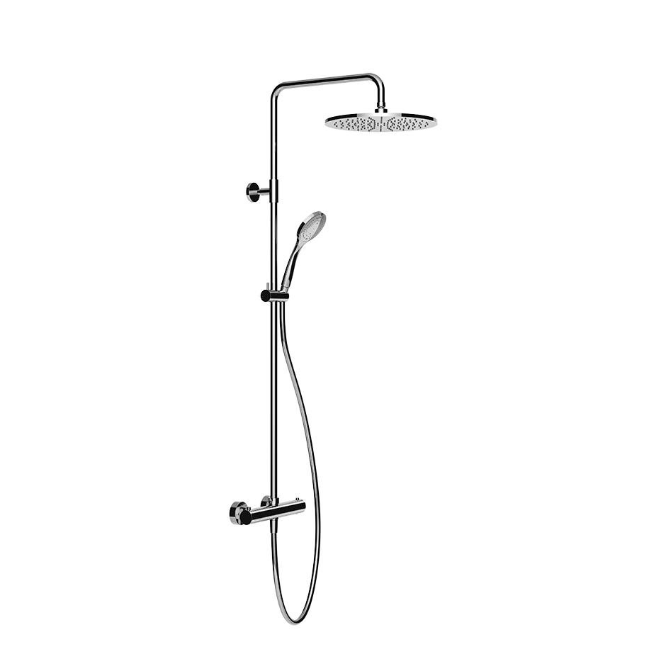 [1621C1932] Colonne de douche EMPORIO SHOWER thermostatique, EC 150, raccords excentrique 1/2"x1/2", douche de pluie diam. 300mm, inverseur automatique, support orientable sur barre de douche, flexible 150 cm et douchette à main diam. 100 mm anticalcaire, groupe acoustique II, débit 12 l/min, 031 Chromé