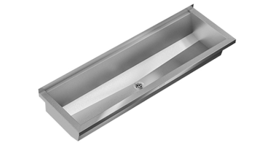 [1618C0414] Lavabo rigole Planox PL18 - 180 x 38,2 cm, acier au nickel chrome, rebord derrière soupape à grille 1 1/2" au milieu