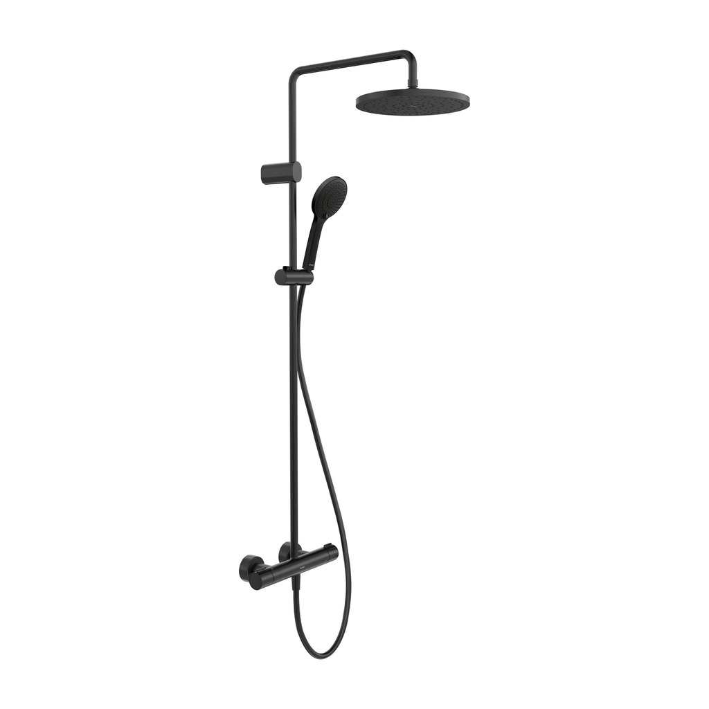 [1621C1879] Colonne de douche 1000 thermostatique E 150 tête de douche diam. 252 mm avec flexible et douchette à main, avec raccords excentriques 1/2" x 1/2", noir mat