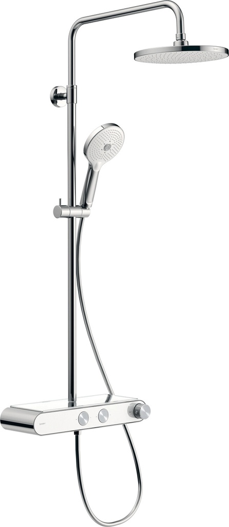 [1621C1881] Colonne de douche thermostatique SHELF avec douche à main Jet Click! Ø 120 mm  et douche de tête Jet Ø 230 mm,  tuyau de douche, chromé / blanc brillant