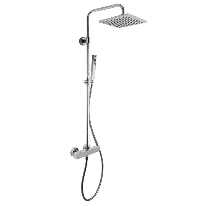[1621H0940] Colonne de douche (MAST carrée) réglable en hauteur, thermostatique carré corps froid E 153 mm, tête de douche carrée laiton 250x250 mm, flexible 1500 mm, douchette à main carrée 1 jet, sans raccords d'arrêt 1/2" x 1/2", chromé