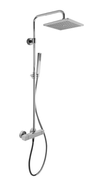 [1621H0940] Colonne de douche (MAST carrée) réglable en hauteur, thermostatique carré corps froid E 153 mm, tête de douche carrée laiton 250x250 mm, flexible 1500 mm, douchette à main carrée 1 jet, sans raccords d'arrêt 1/2" x 1/2", chromé