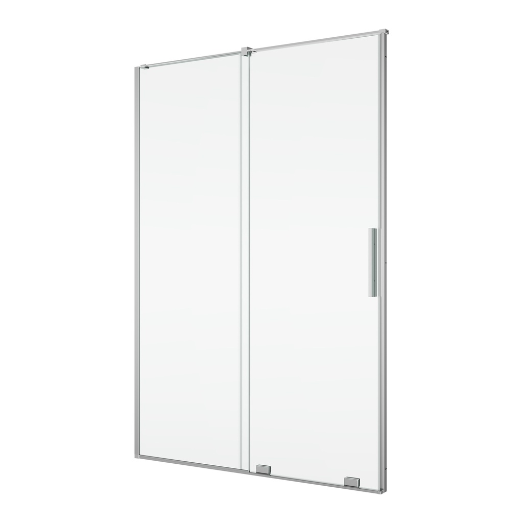 [1613C0485] Porte coulissante Amalia pour niche 140 cm, H 200 cm 1 panneau avec le panneau fixe avec barre de stabilisation protection Aquaperle, verre vérit. clair cleaneffect, argent poli-brillant