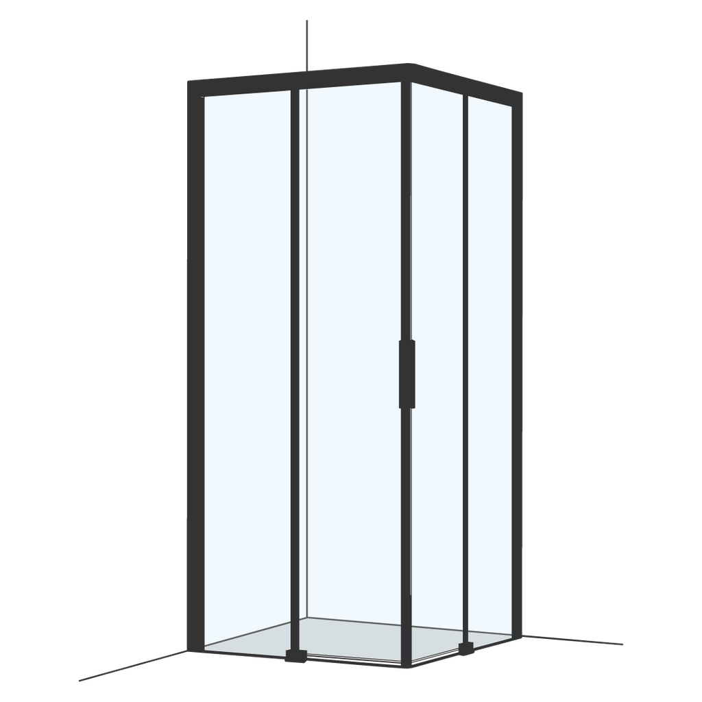 [1613H0418] Entrée diagonale S404Plus (90/90) 86,5-88 x 86,5-88 cm H 200 cm, cadre partiel portes coulissantes 2 panneaux MESURES EXACTES SELON PRISE DE MESURE, verre véritable clair, noir mat